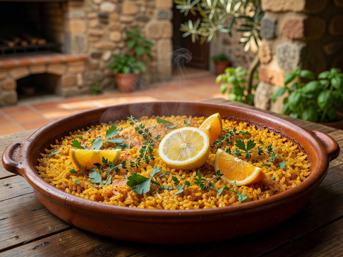A freshly made terracotta pan of paella with herbs and citrus