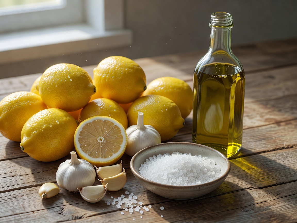 Assortment of fresh lemons, garlic cloves, sea salt, and extra virgin olive oil