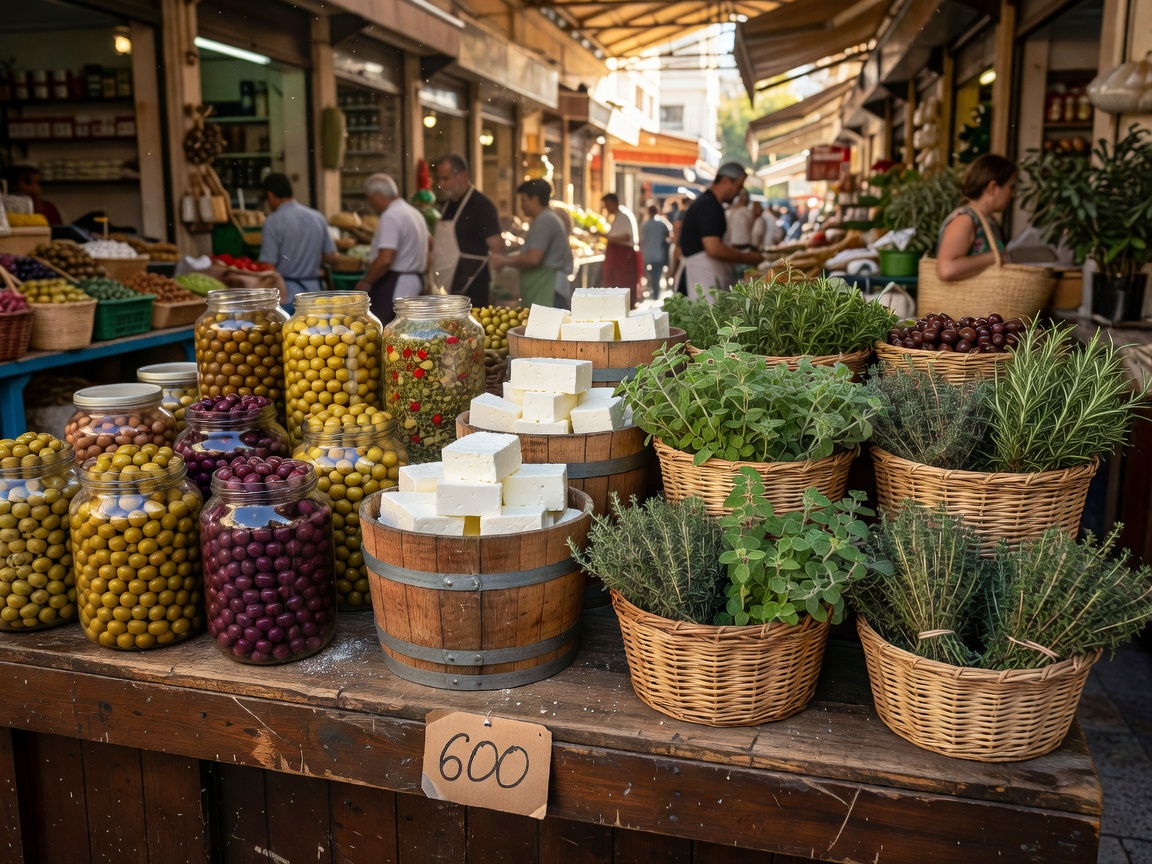 Athens central market stall with olives, feta barrels, and herbs