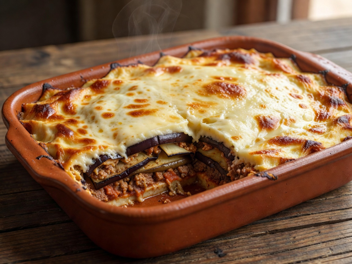 Baked Greek moussaka with golden béchamel crust and layers of eggplant