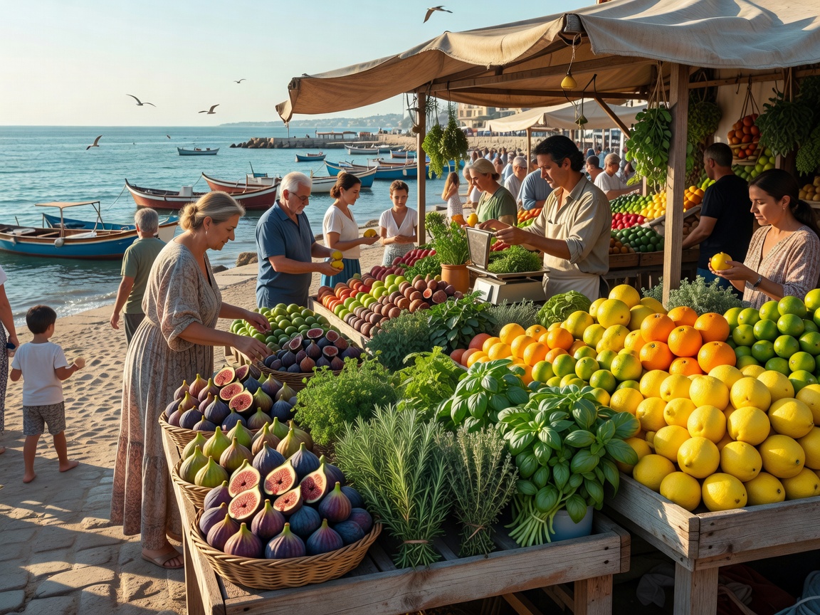 Bustling outdoor food market stall with fresh figs, herbs, and citrus in a coastal city