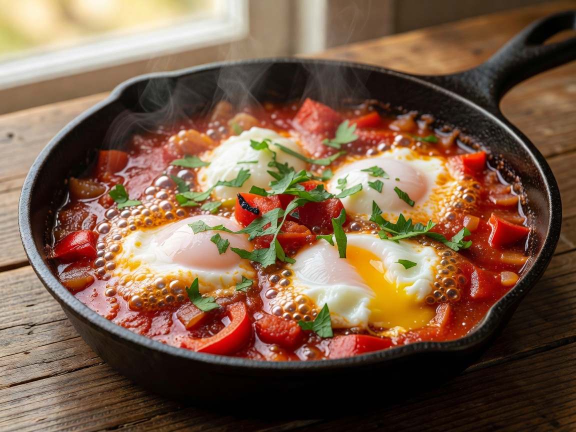 Cast-iron skillet of bubbling tomato-pepper sauce with gently poached eggs and parsley