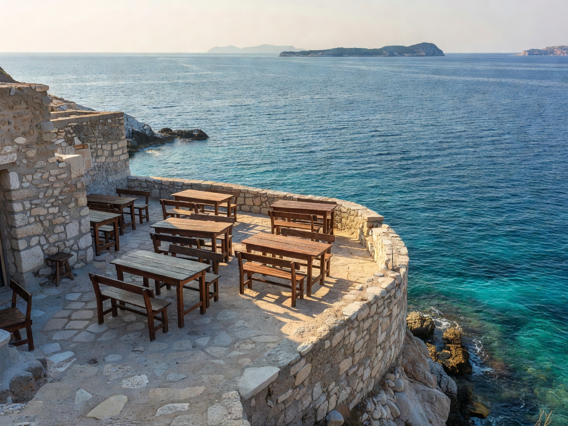 Dalmatian coastal stone tavern with rustic wooden tables overlooking blue waters