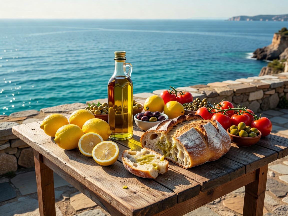 Fresh Mediterranean table spread with olive oil, lemons, rustic bread, and tomatoes overlooking the sea