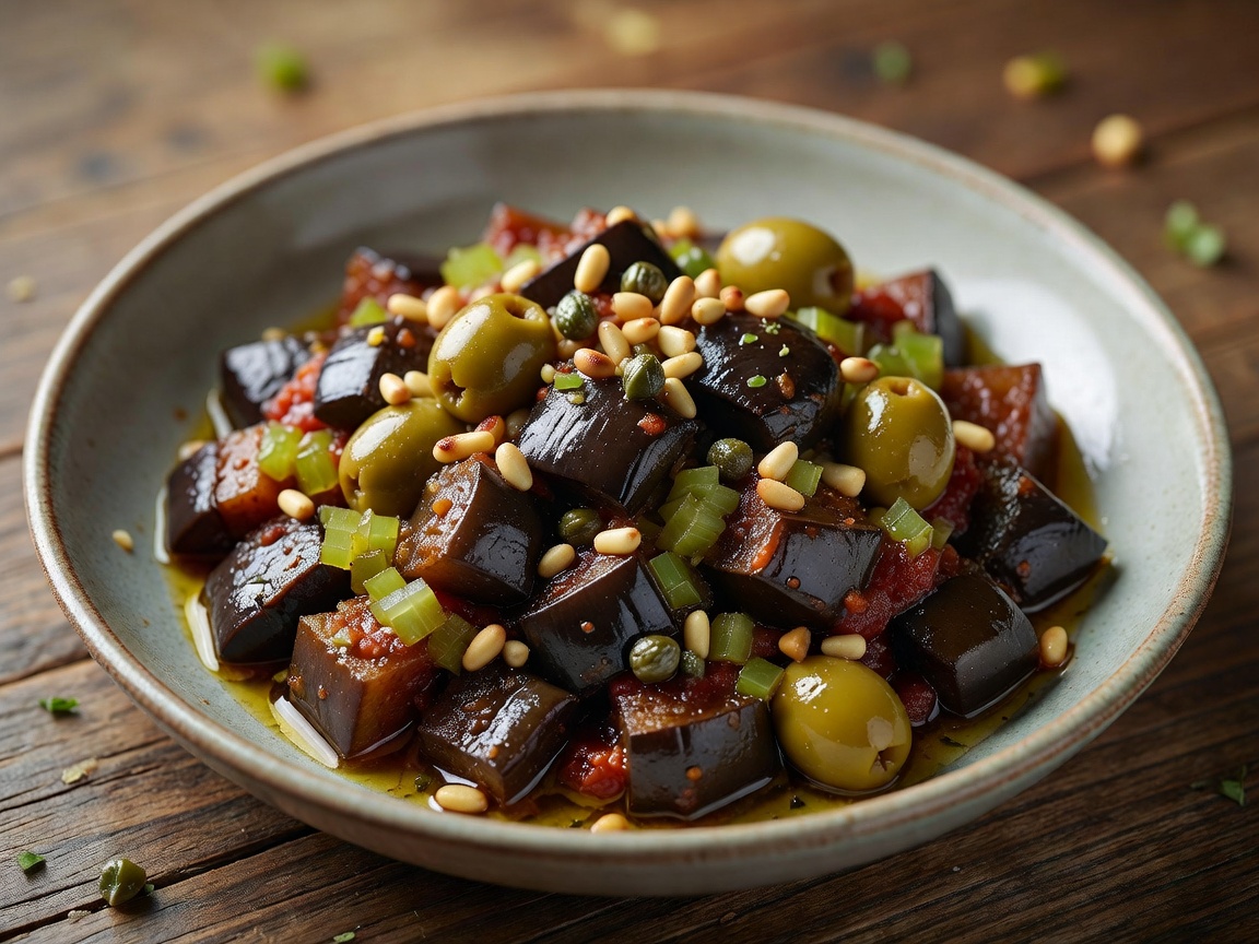 Glossy eggplant caponata with capers, celery, pine nuts, and green olives