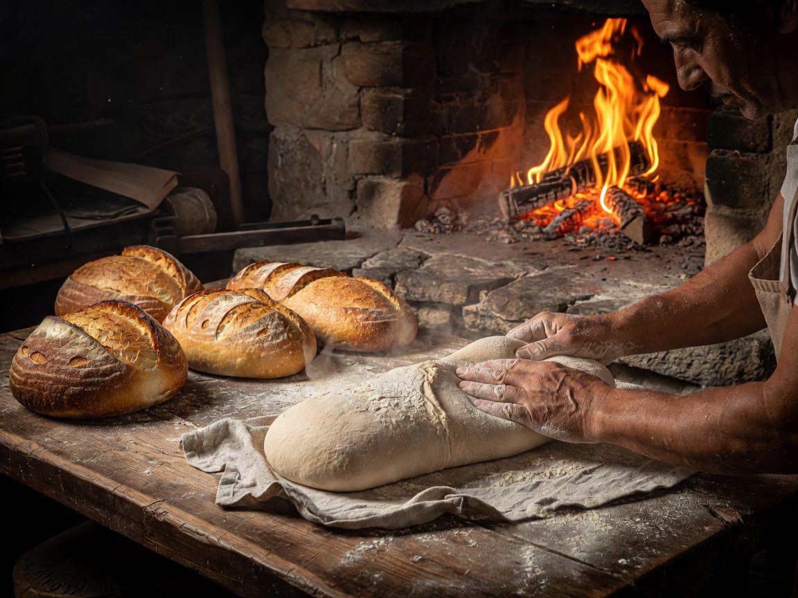 Hand-shaping artisan sourdough loaves next to an open hearth