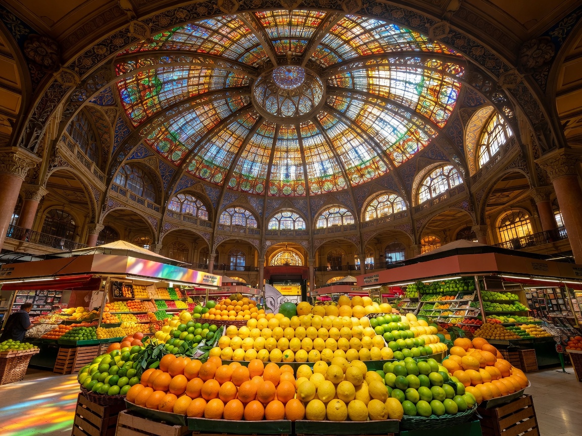 Mercat Central Valencia with high domed stained glass and fresh citrus fruit displays
