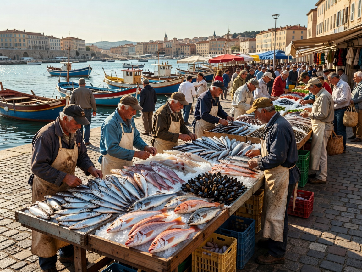 Morning fish market stalls along the sunny harbor of Marseille