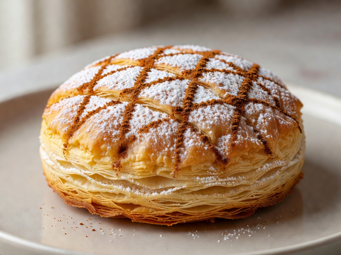Round golden phyllo pastry dusted with powdered sugar and cinnamon lattice lines