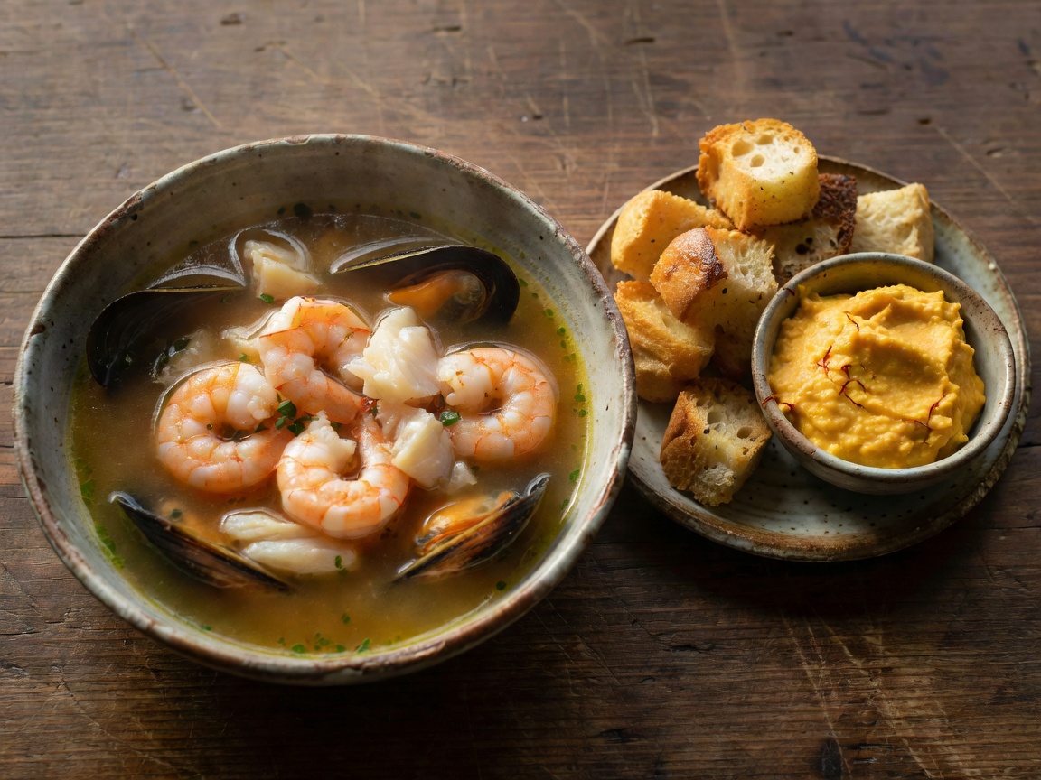 Rustic seafood broth served with croutons and garlic saffron rouille