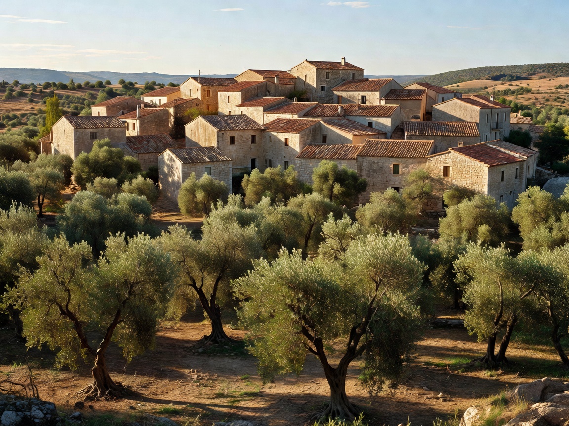 Sunlit olive grove and terracotta rooftops in southern Europe
