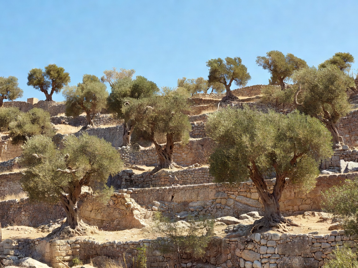 Terraced stone hillside with ancient olive trees under a bright blue sky