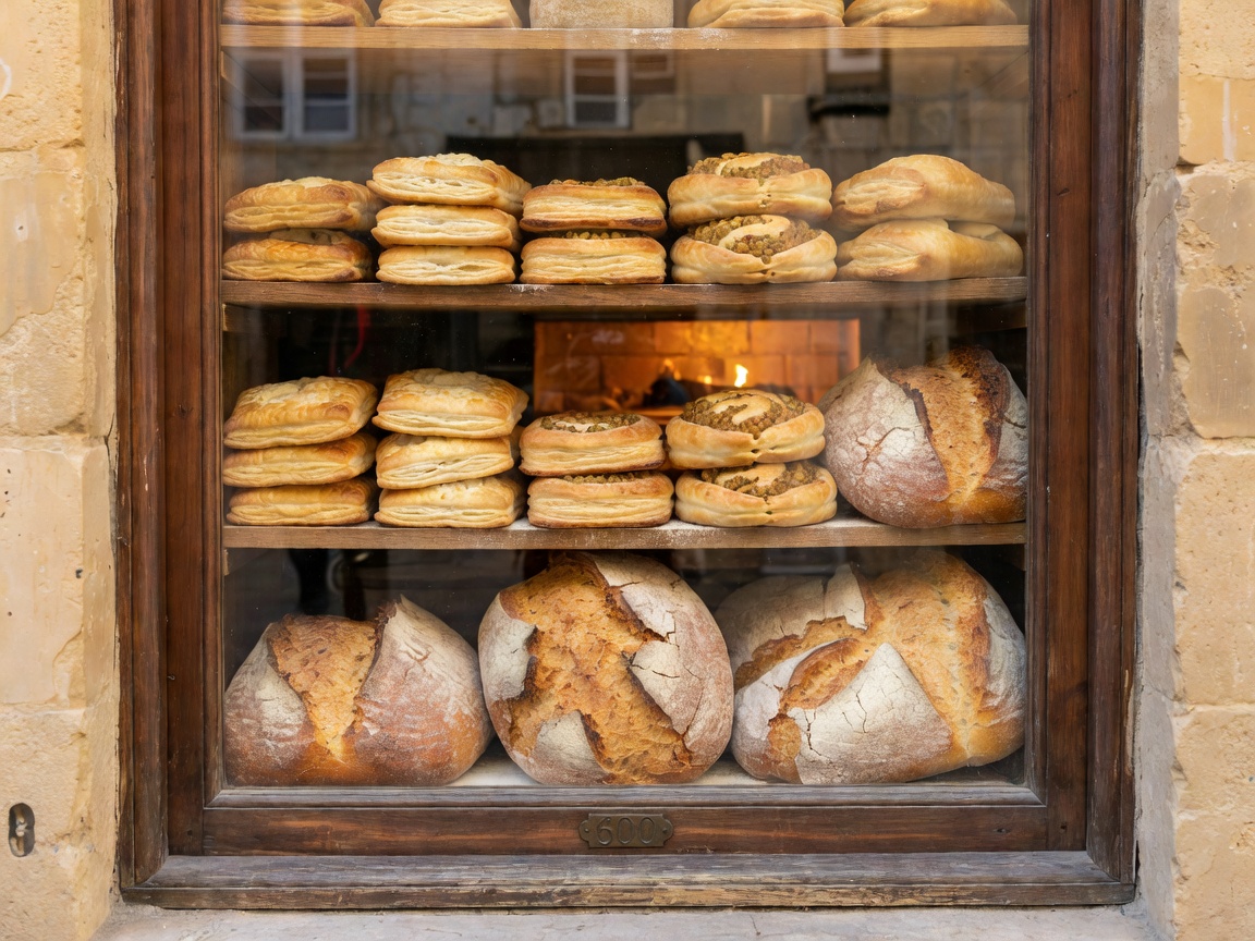 Traditional Maltese bakery window with pastizzi pastries and crusty sourdough