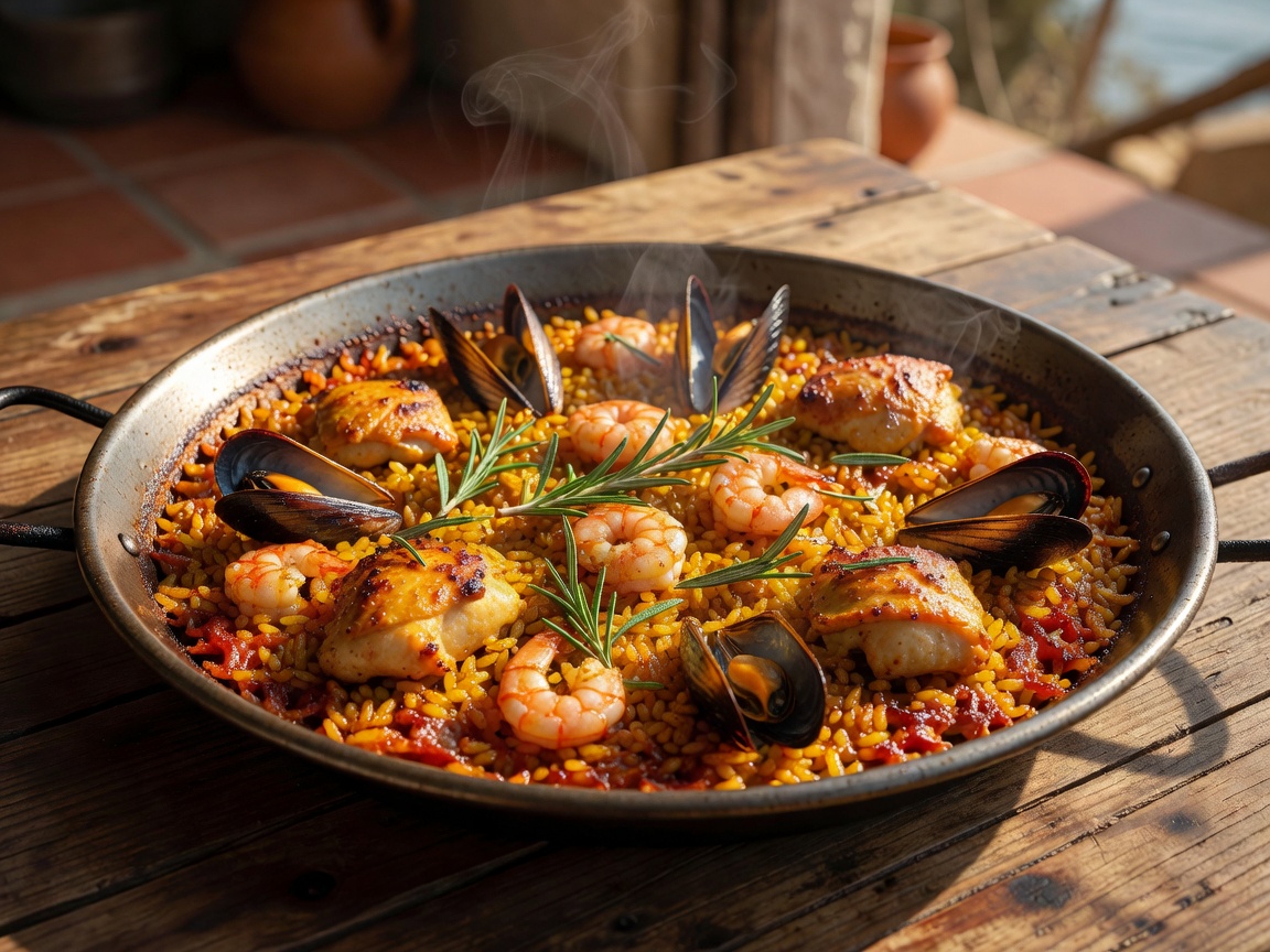 Traditional wide shallow pan of paella with crisp rice bottom and fresh rosemary