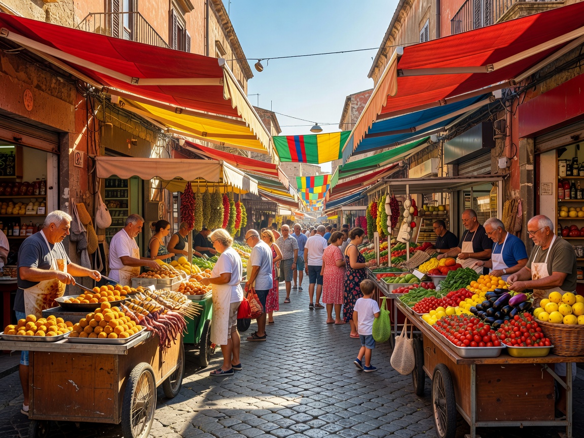 Vibrant Sicilian market street with street food stalls and colorful awnings